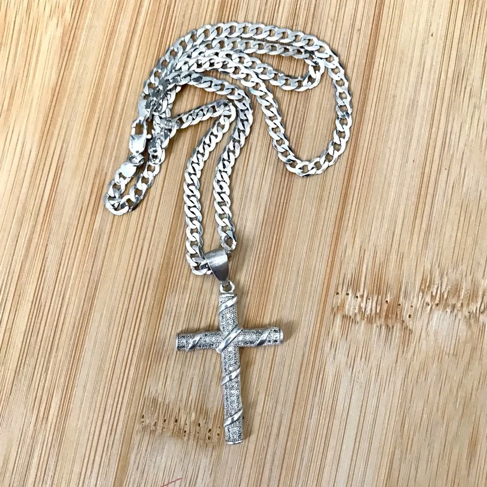 Silver Cuban Chain Necklace with Pave Cross Pendant 925 Sterling Silver 20”